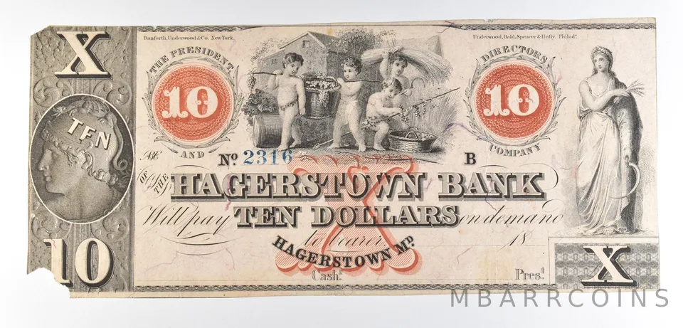 1800s $10 Hagerstown Bank MD Obsolete Note *8530