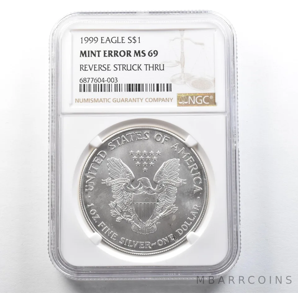 1999 American Silver Eagle Mint Error Reverse Struck Thru MS69 NGC *3127