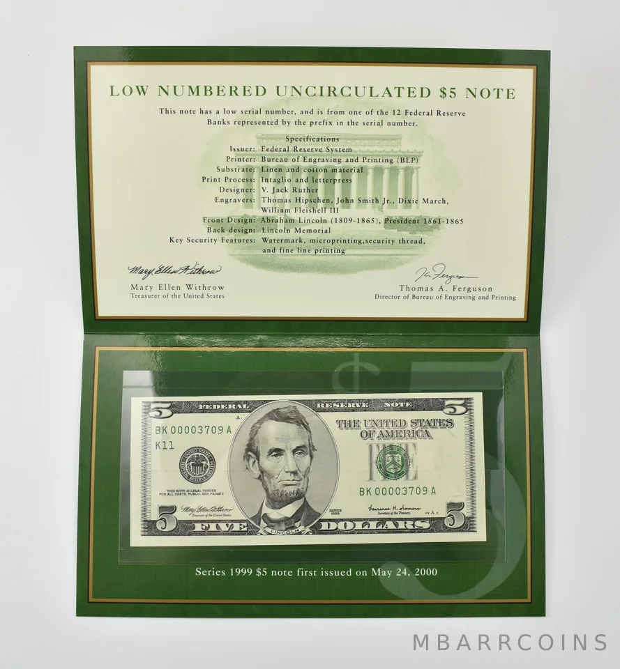 1999 $5 FRN K Bank Low Serial Number BEP *0384