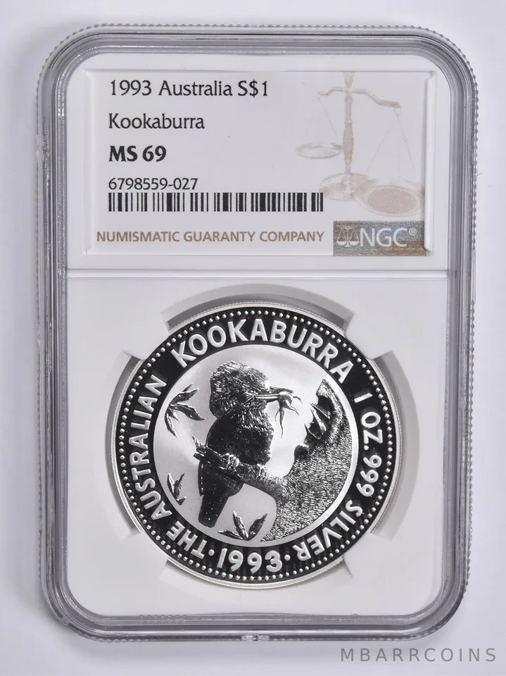 1993 Australia 1 Dollar Kookaburra 1 Oz Silver MS69 NGC Brown Lbl