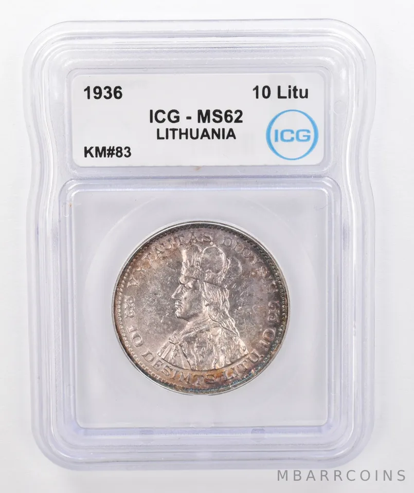 1936 Lithuania 10 Litu KM#83 MS62 ICG Beautiful Tone *0257