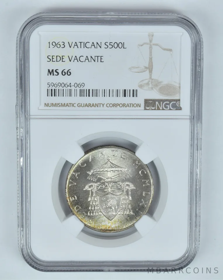MS66 1963 Vatican 500 Lire Silver Sede Vacante NGC Toned! *8994
