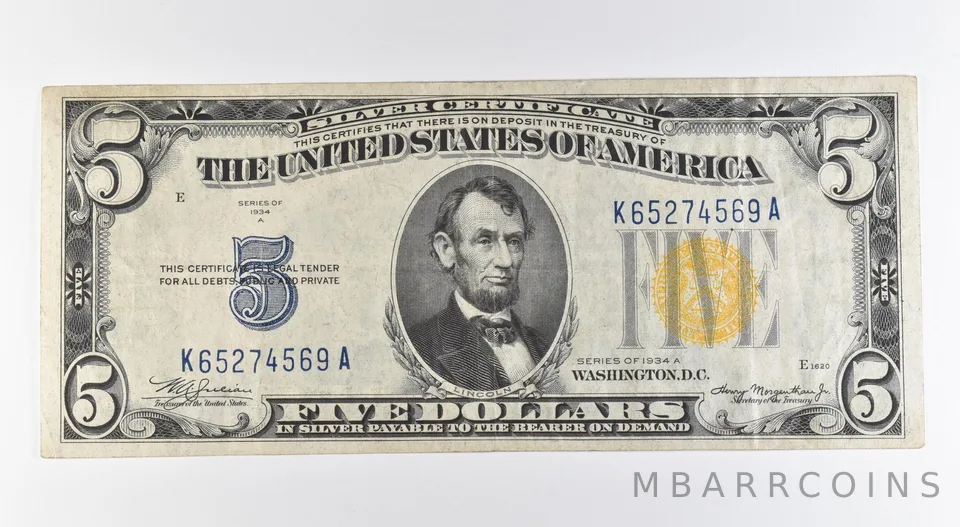 1934 A $5 Silver Certificate Yellow Seal Fr#2307 *0428