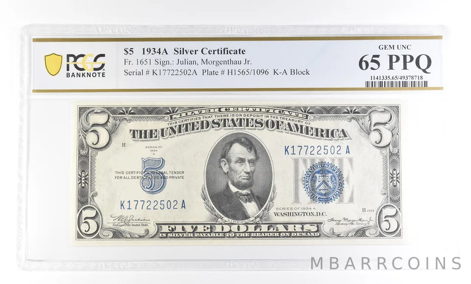1934 A $5 Silver Certificate Fr#1651 Gem Unc 65 PPQ PCGS a2805