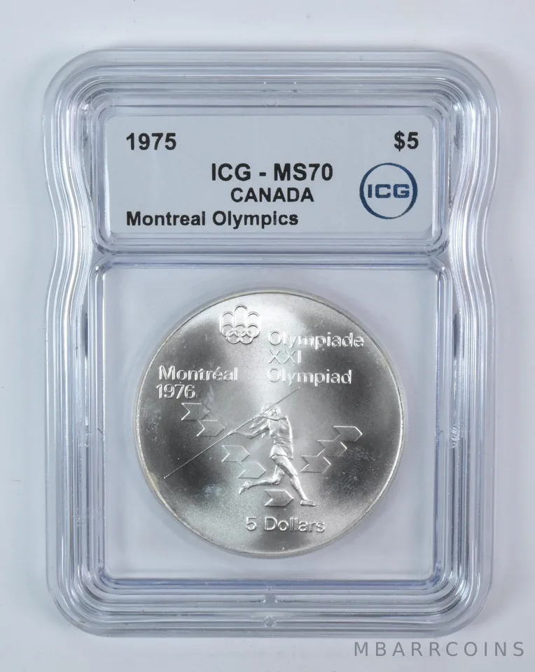 1975 Canada 5 Dollars Silver Montreal Olympics Javelin MS70 ICG