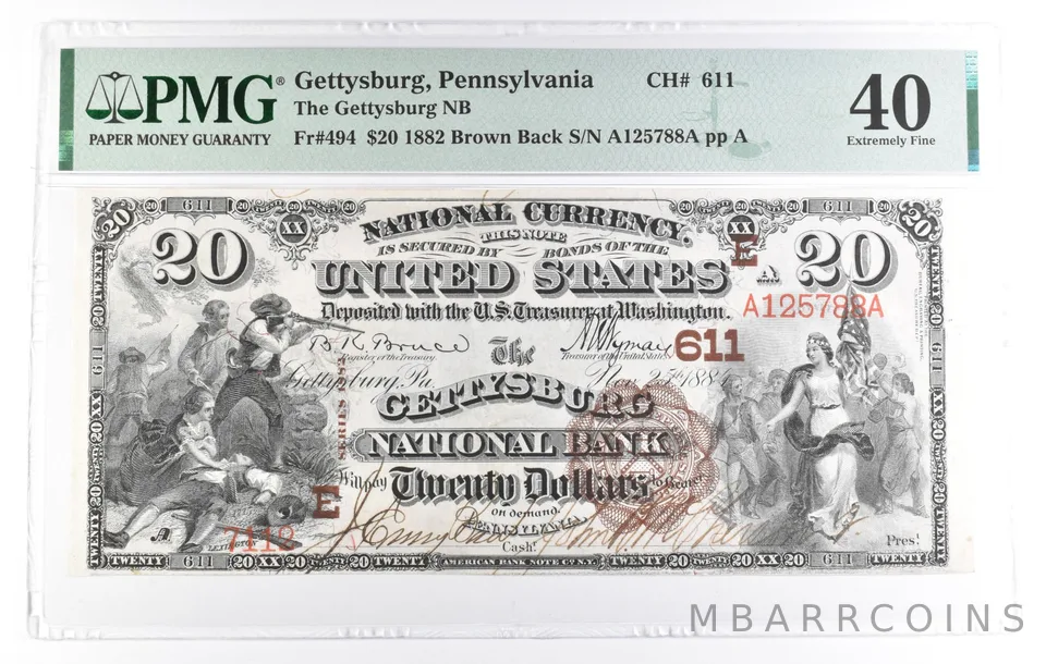 1882 $20 Gettysburg PA National Currency Charter 611 Fr#494 40 XF PMG *9588