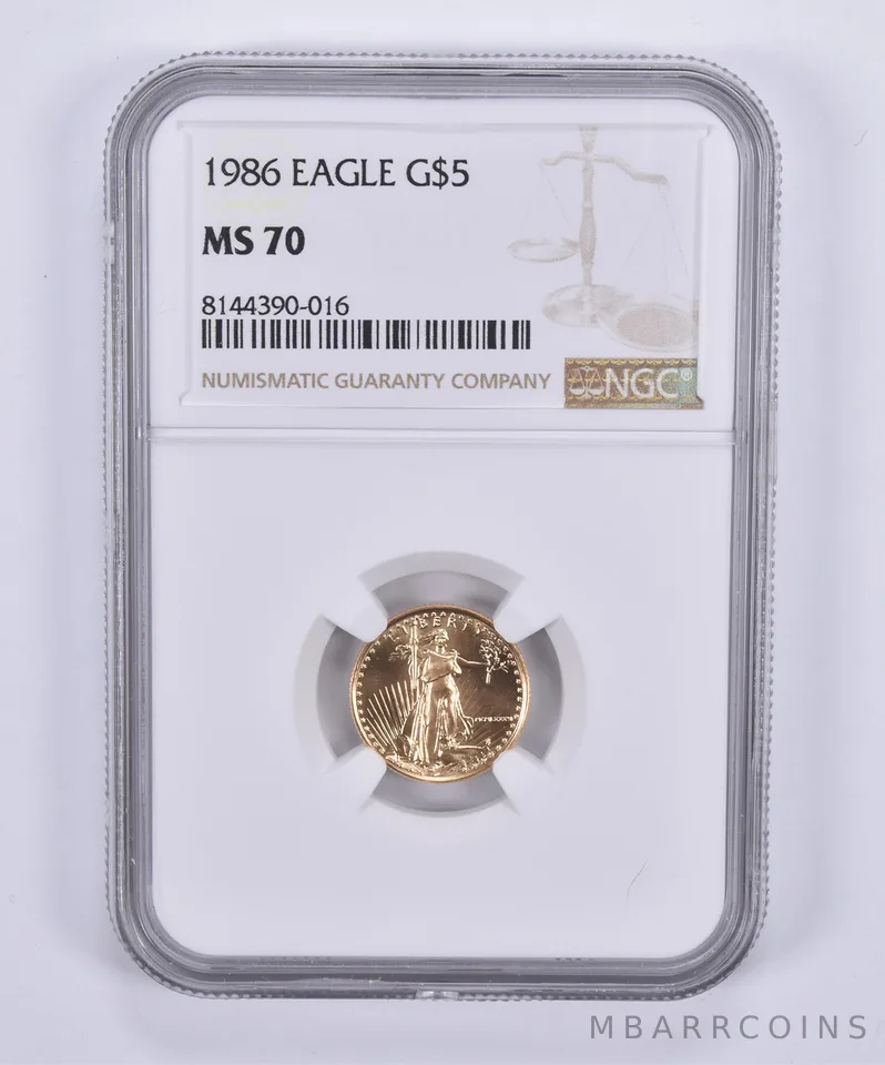1986 $5 American Gold Eagle 1/10 Oz Gold MS70 NGC