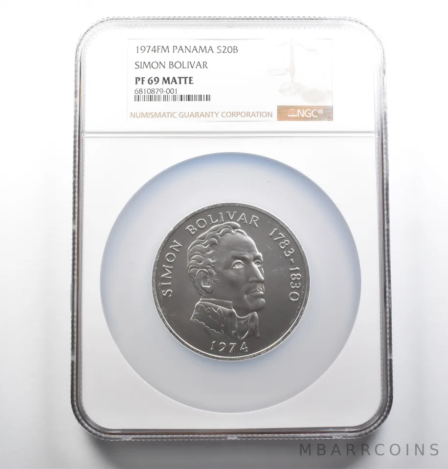 PF69 Matte 1974 FM Panama 20 Balboas Silver Simon Bolivar NGC *0923