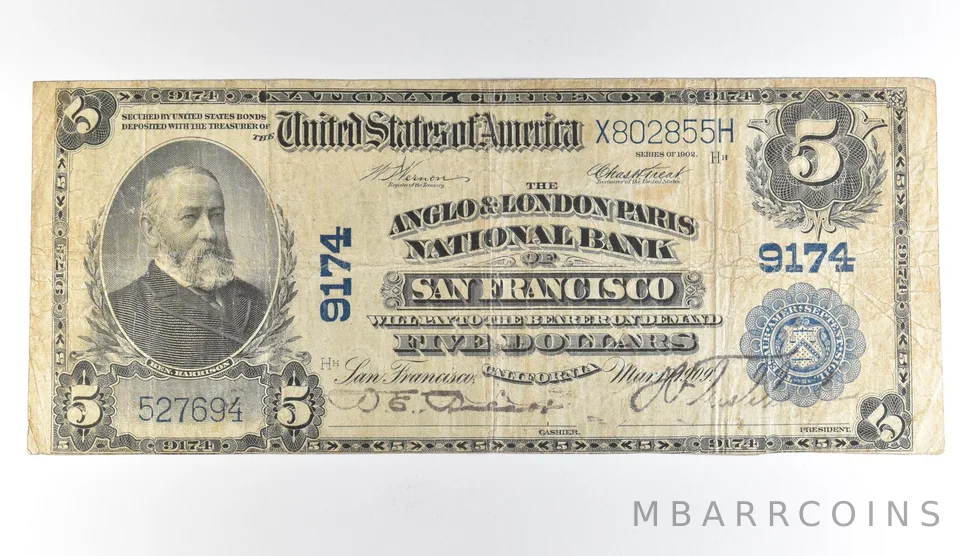 1902 $5 San Francisco CA National Currency Large Note Blue Seal 9174 *1681