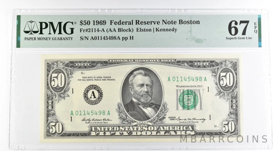 1969 $50 Boston MA US FRN Fr#2114-A 67 Superb Gem Unc EPQ PMG *8494