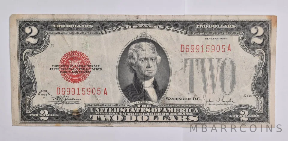 1928-F $2 RED SEAL US United States Note Avg Circ