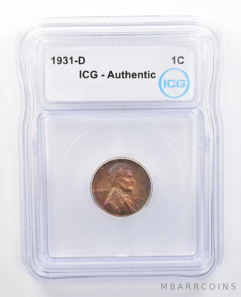 1931-D Lincoln Wheat Cent Authentic ICG Rainbow Tone *7624