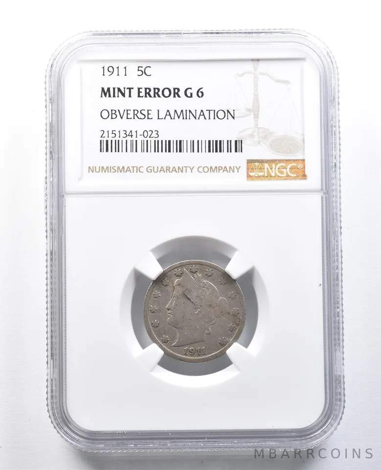 1911 Liberty V Nickel Mint Error Obverse Lamination G6 NGC *8264