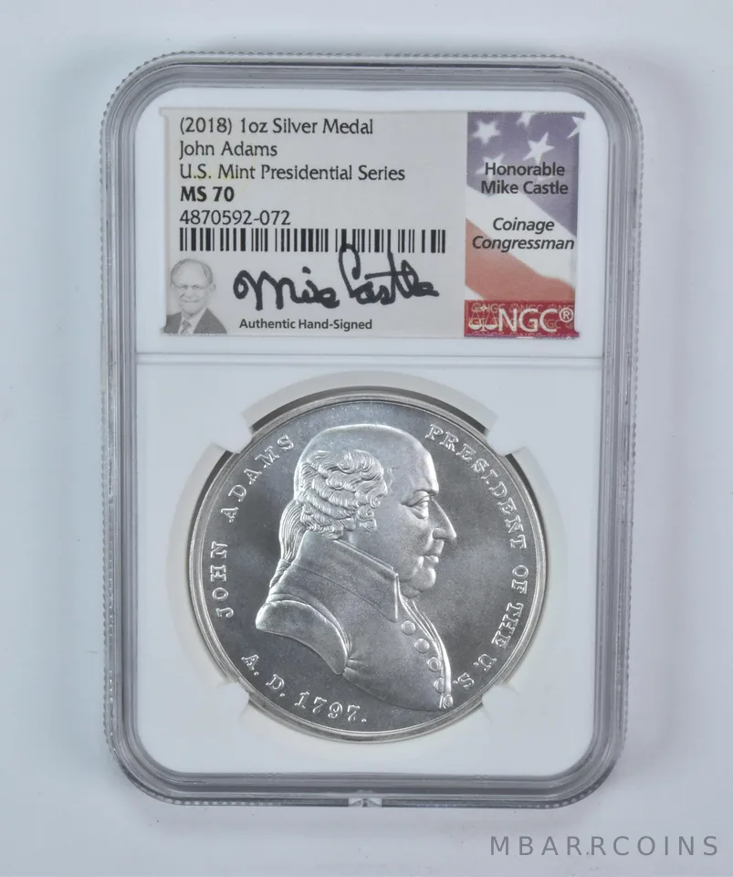 (2018) 1 Oz Silver Presidential Medal John Adams Mike Castle MS70 NGC a5719