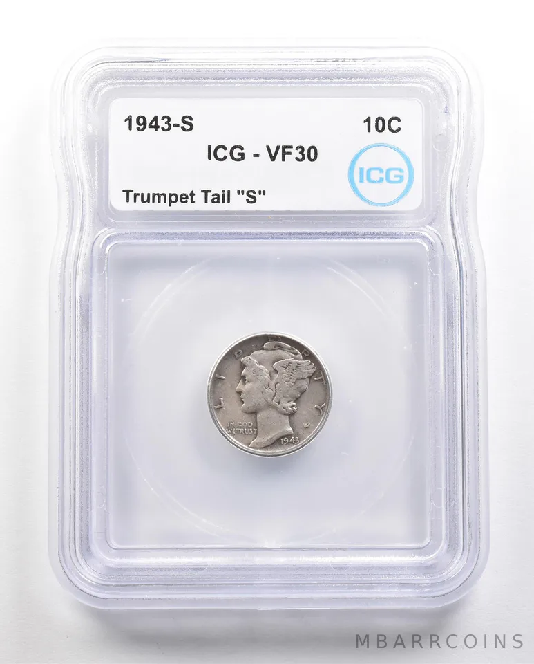 1943-S Mercury Dime Trumpet Tail "S" VF30 ICG *6395