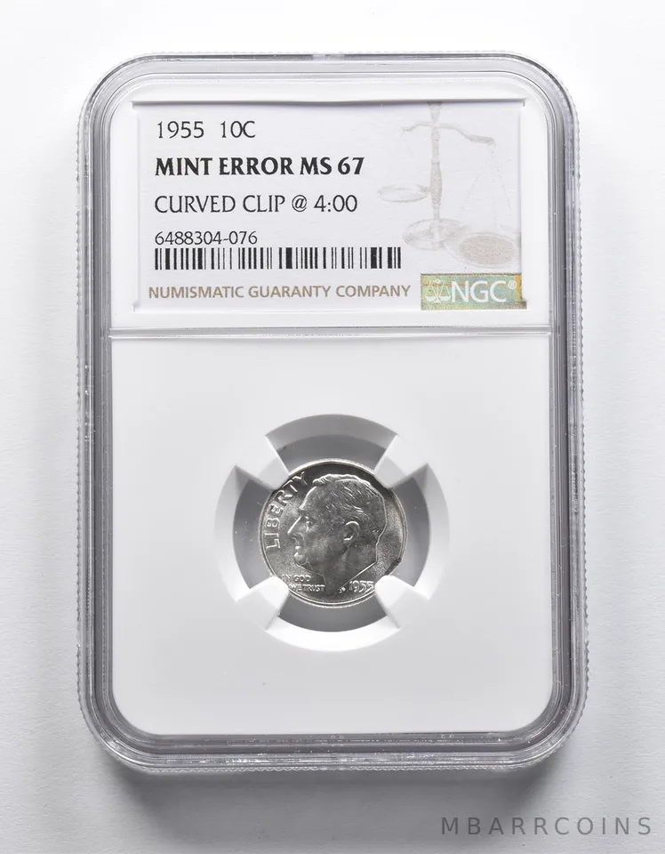 Mint Error MS67 1955 Roosevelt Dime Curved Clip @4:00 NGC *1867
