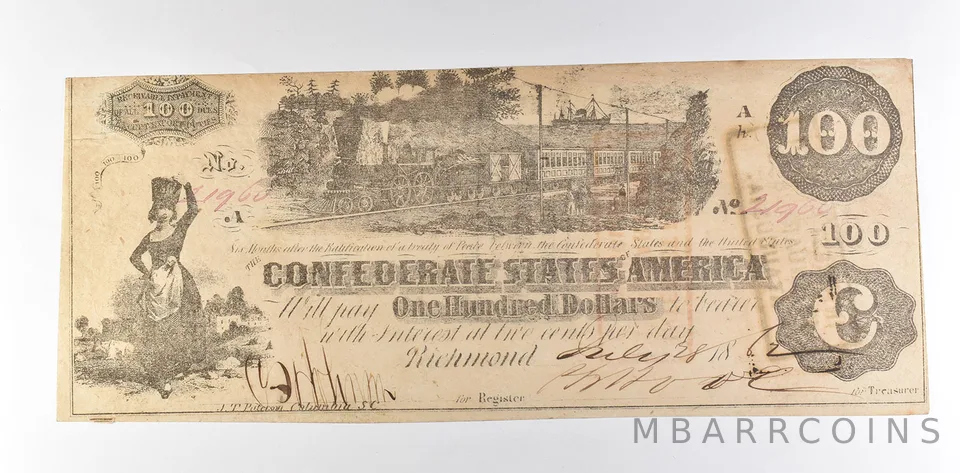 1862 $100 Confederate States Of America T-39 Large Note *8475