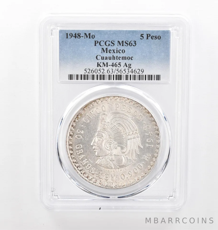 1948 Mo Mexico 5 Pesos Silver Cuauhtemoc KM-465 MS63 PCGS Nice Tone Rev *2119