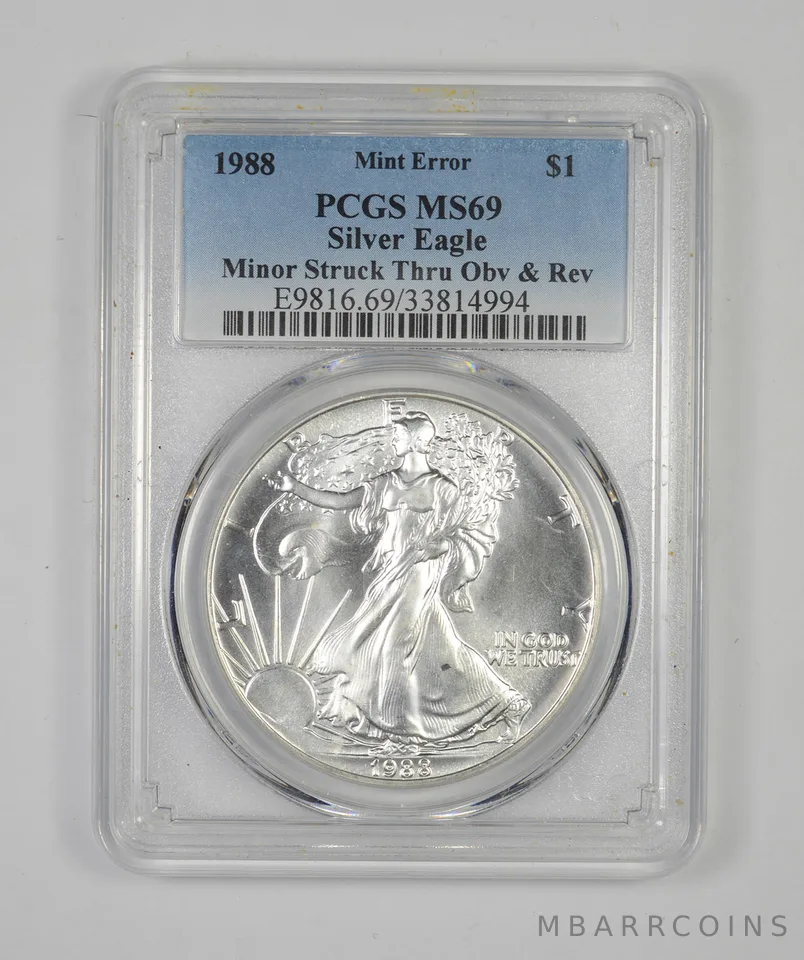 MS69 1988 American Silver Eagle Error Minor Struck Thru OBV & REV - PCGS *8986