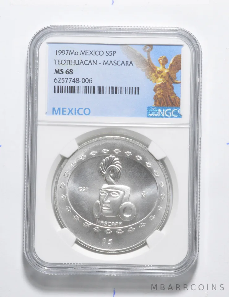 MS68 1997 Mo Mexico Silver 5 Pesos Teotihuacan Mascara NGC a3465