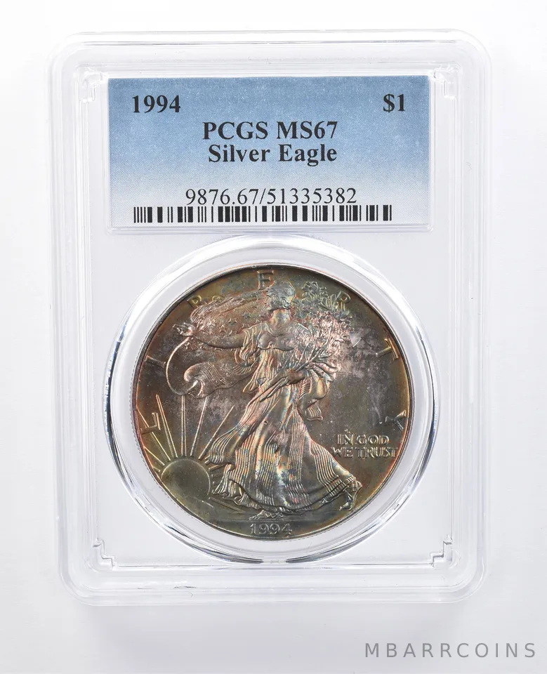 1994 American Silver Eagle MS67 PCGS Blue/Green Tone *8144