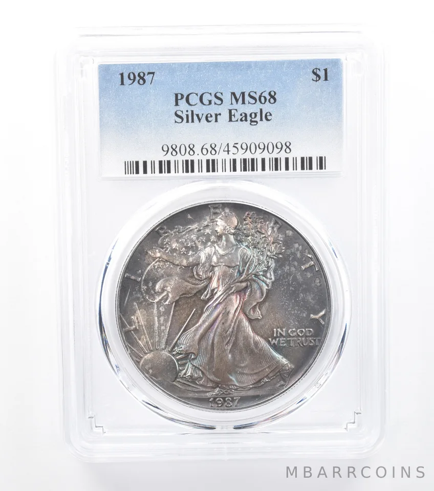 1987 American Silver Eagle MS68 PCGS Dark Purple/Blue Tone *7729