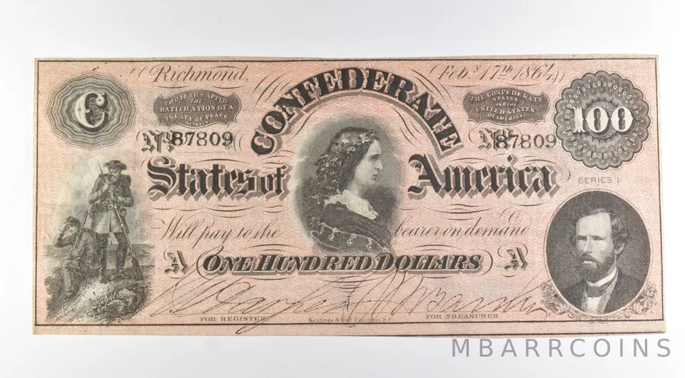 1864 $100 Confederate States Of America Large Note *8469