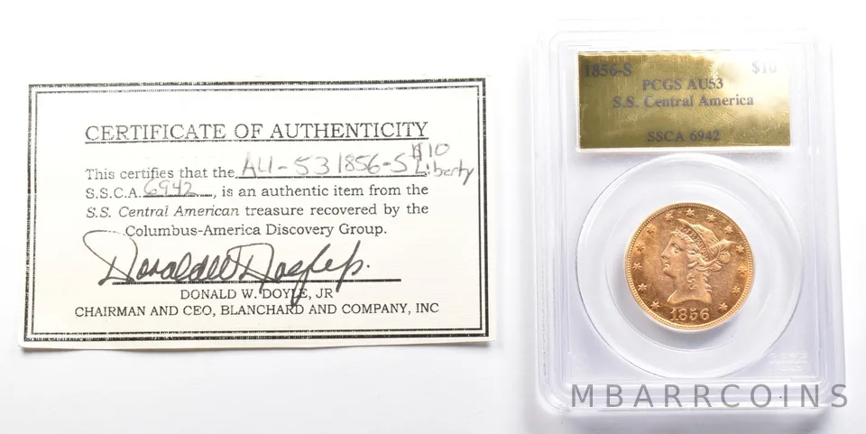 1856-S $10 Liberty Head Gold Eagle SS Central America AU53 PCGS W/ CoA a2127