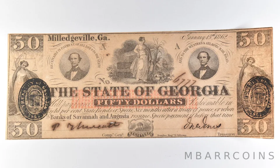 1862 $50 Milledgeville GA Obsolete Note *8309