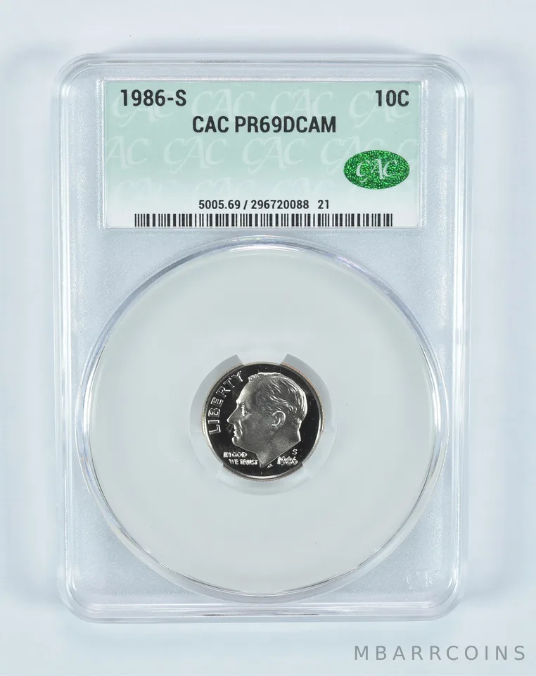1986-S Roosevelt Dime PR69 DCAM CAC CACg