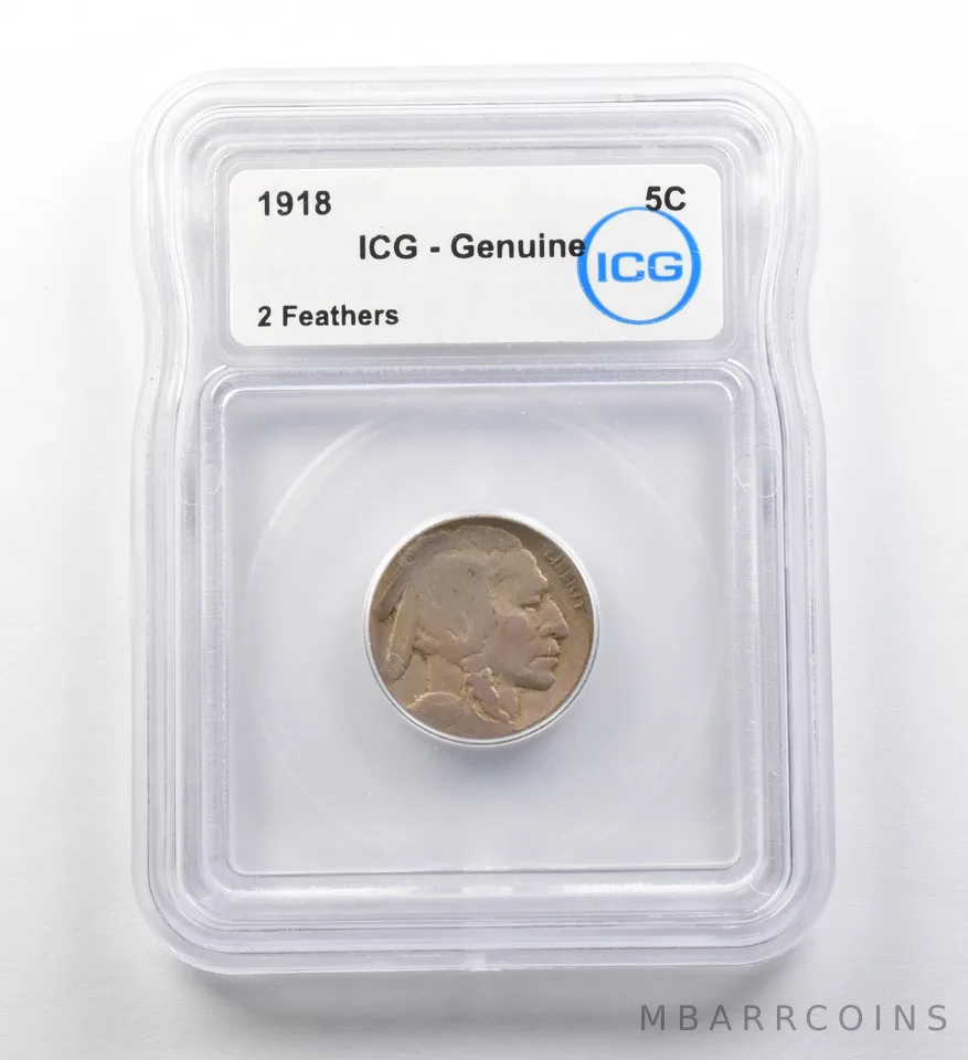 1918 Indian Head Buffalo Nickel 2 Feathers Genuine ICG ERROR *8177