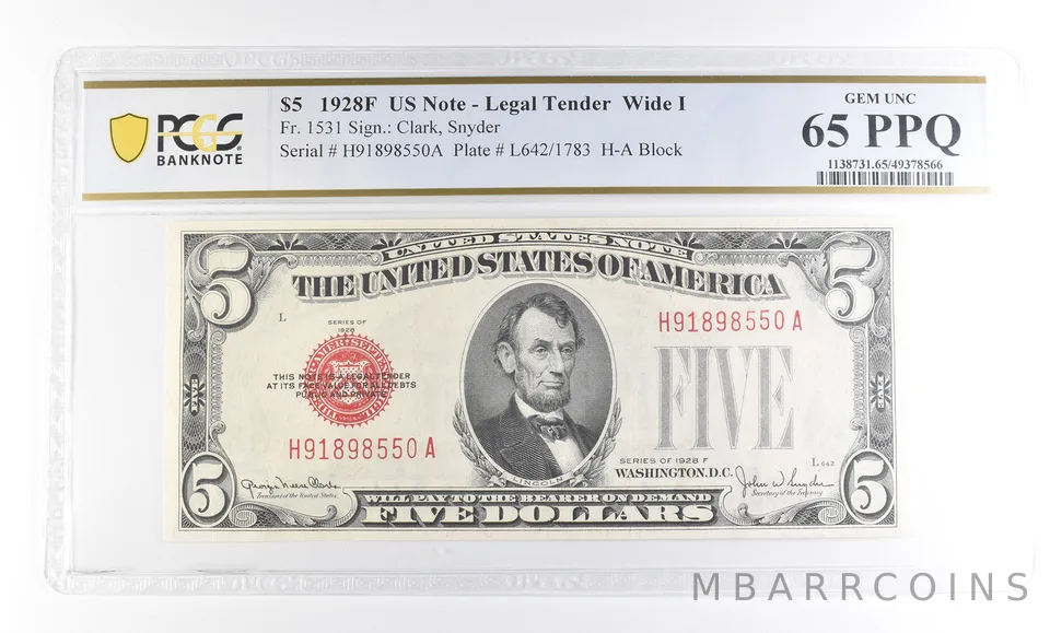 1928 F $5 US Legal Tender Wide I Fr#1531 Gem Unc 65 PPQ PCGS a2374