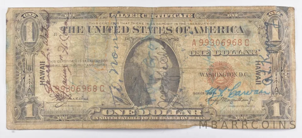 1935-A $1 US Silver Certificate Hawaii Overprint WWII Short Snorter a5148
