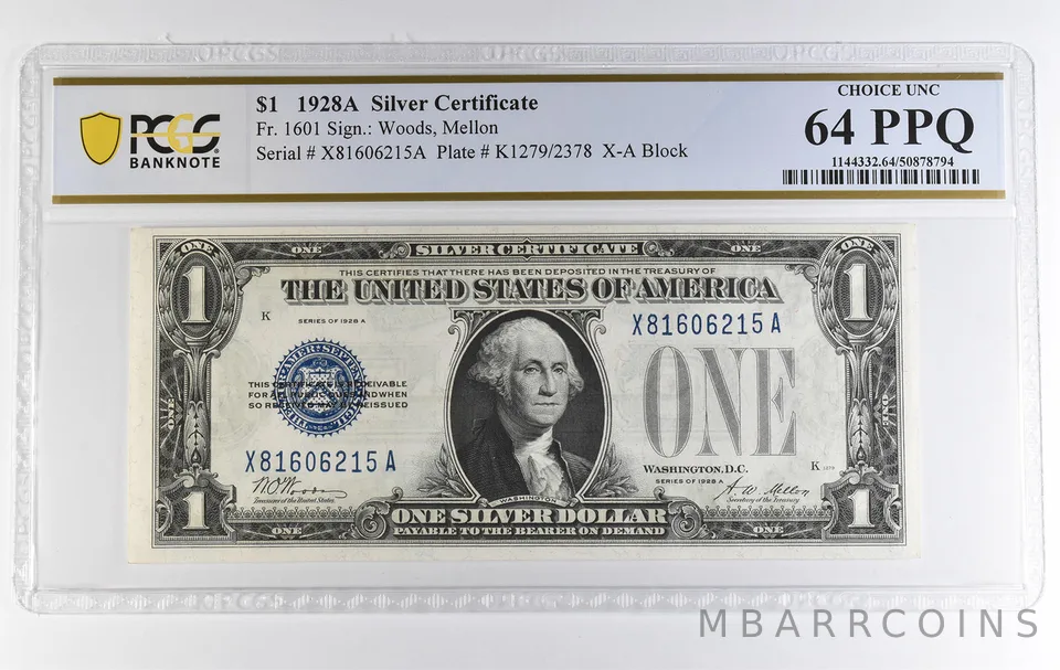 1928 A $1 Silver Certificate Fr#1601 Choice Unc 64 PPQ PCGS a3902