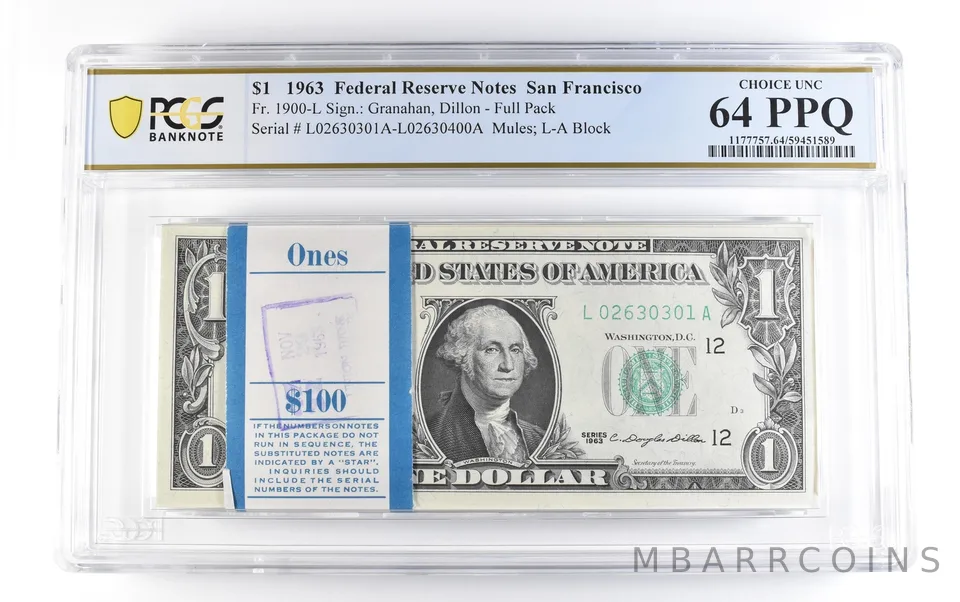 Lot (100) 1963 $1 San Francisco CA FRN Fr#1900-L Full Pack Unc 64 PPQ PCGS *1696