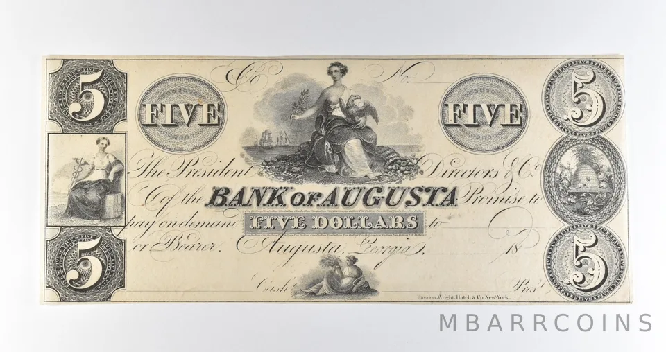 1800s $5 Georgia Bank Of Augusta Obsolete Note *8221