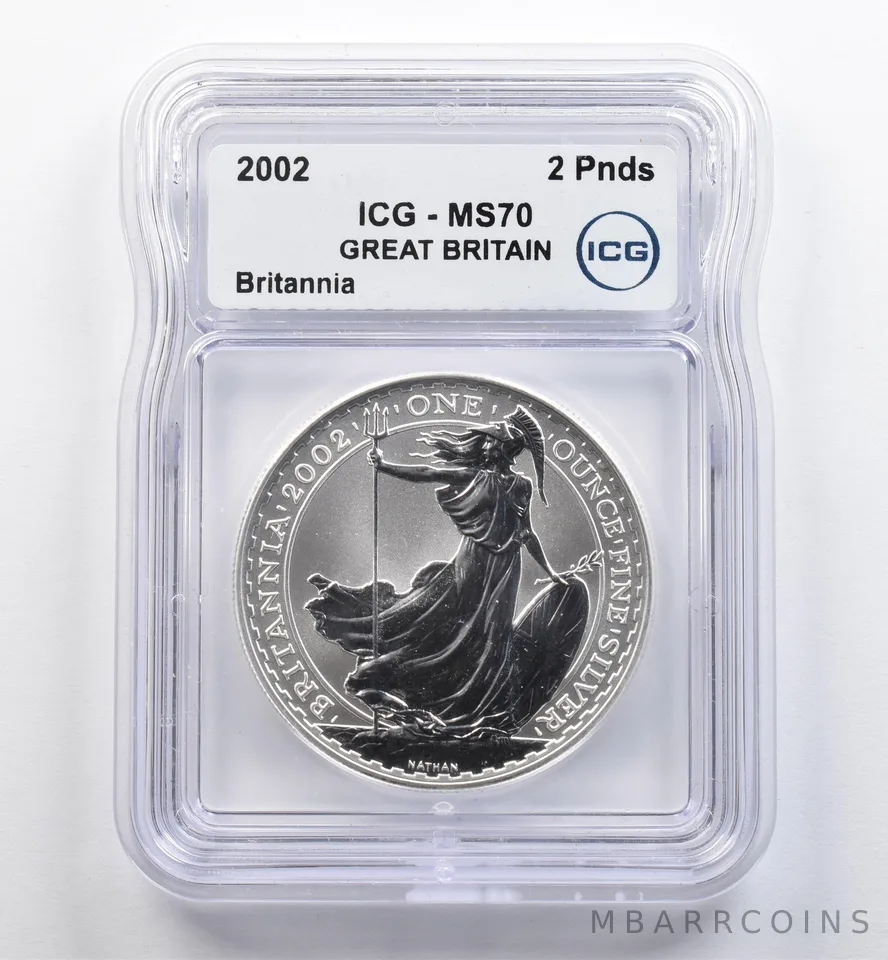 2002 Great Britain 2 Pound Silver Britannia MS70 ICG *9052
