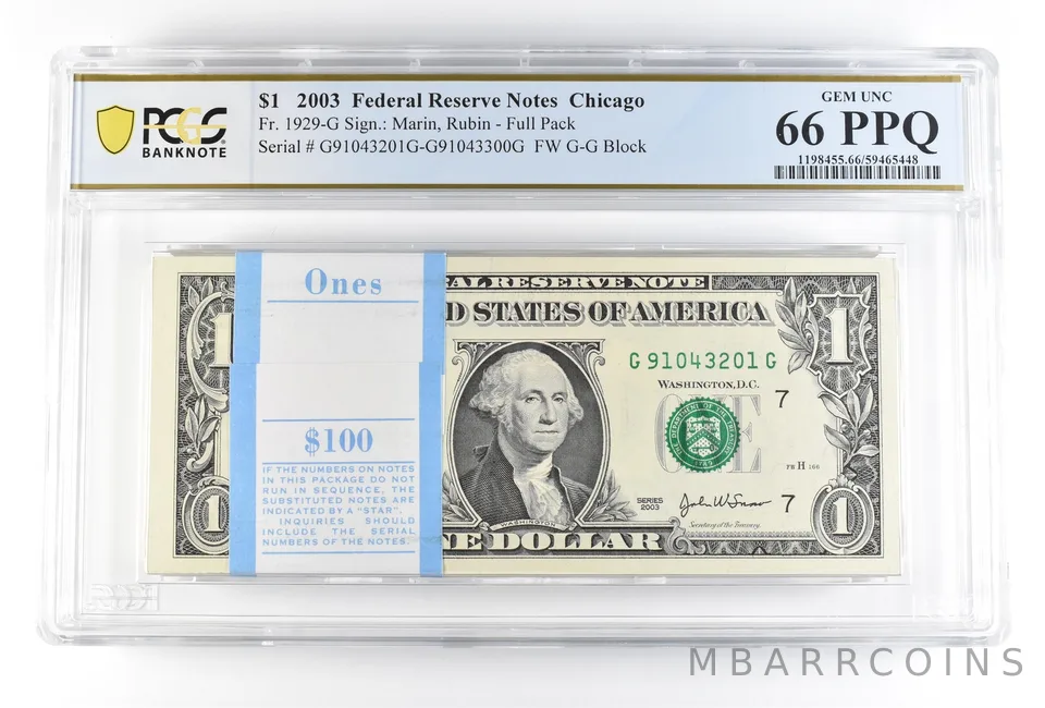 (100) 2003 $1 Chicago IL FRN Fr#1929-G Full Pack Gem Unc 66 PPQ PCGS *0197