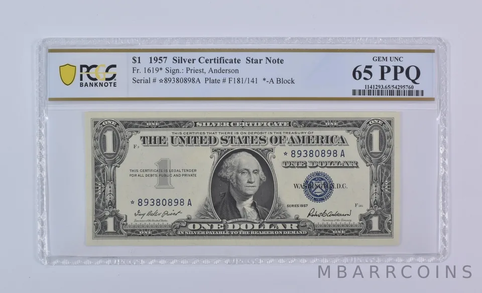 1957 $1 Silver Certificate Star Note Fr#1619* Gem Unc 65 PPQ PCGS *8077