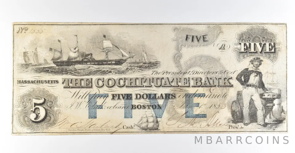 1853 $5 Boston MA Cochituate Bank Obsolete Note *8422