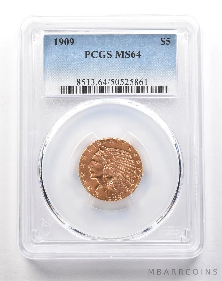 1909 $5 Indian Head Gold Half Eagle MS64 PCGS a1839