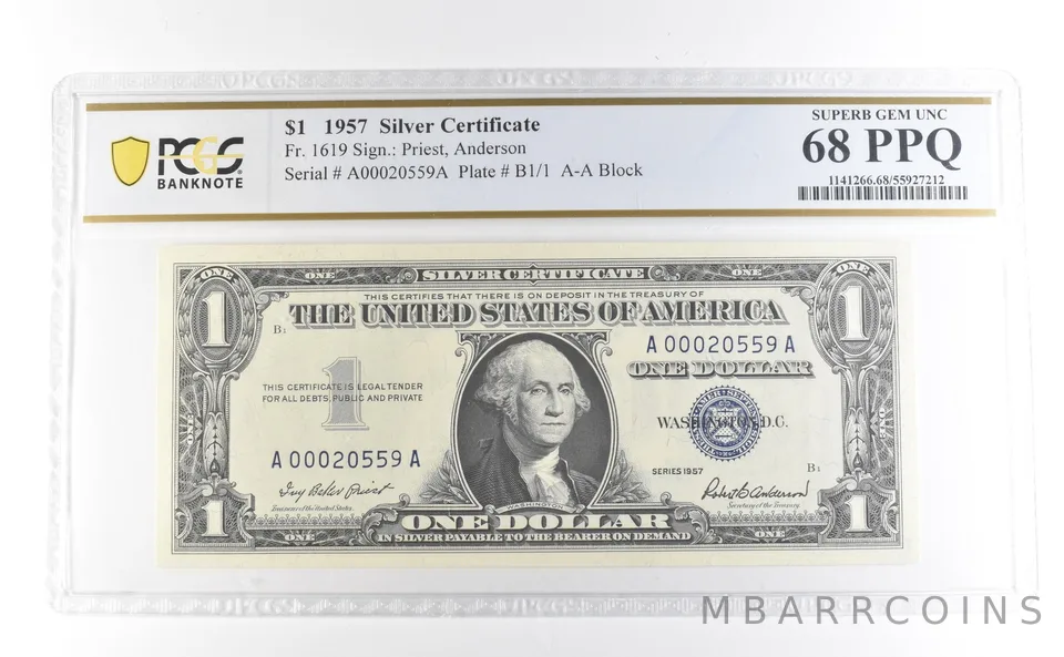 1957 $1 Silver Certificate Fr#1619 Superb Gem Unc 68 PPQ PCGS *3977