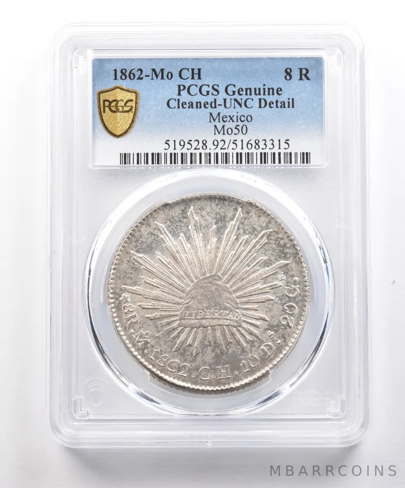 1862 Mo CH Mexico 8 Reales Mo50 Genuine UNC Detail Cleaned PCGS *6214