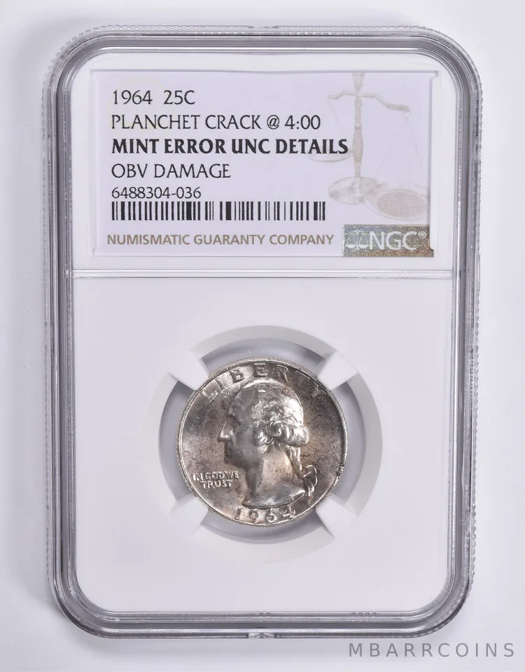 MINT ERROR 1964 Washington Quarter Planchet Crack @ 4:00 NGC a1856