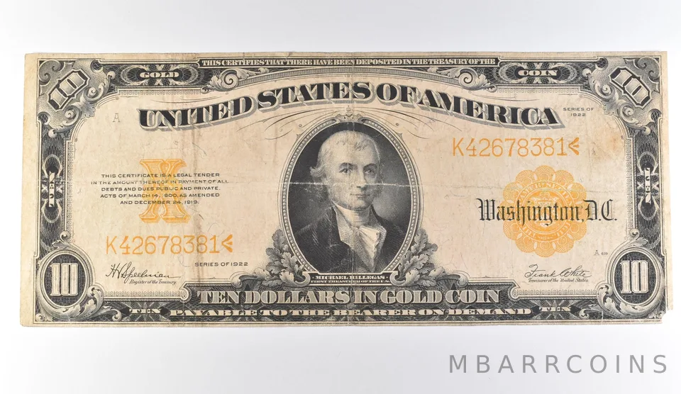 1922 $10 Gold Certificate Large Note Yellow Seal *9701