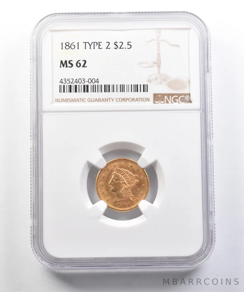 1861 $2.50 LIberty Head Gold Quarter Eagle Type 2 MS62 NGC a5028