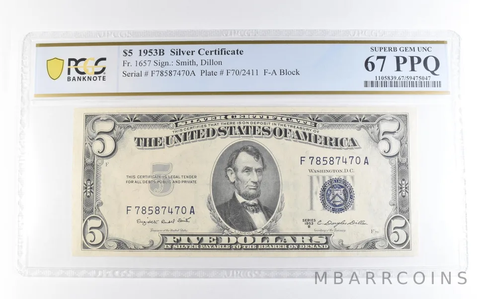 1953 B $5 Silver Certificate Fr#1657 Superb Gem Unc 67 PPQ PCGS *1692
