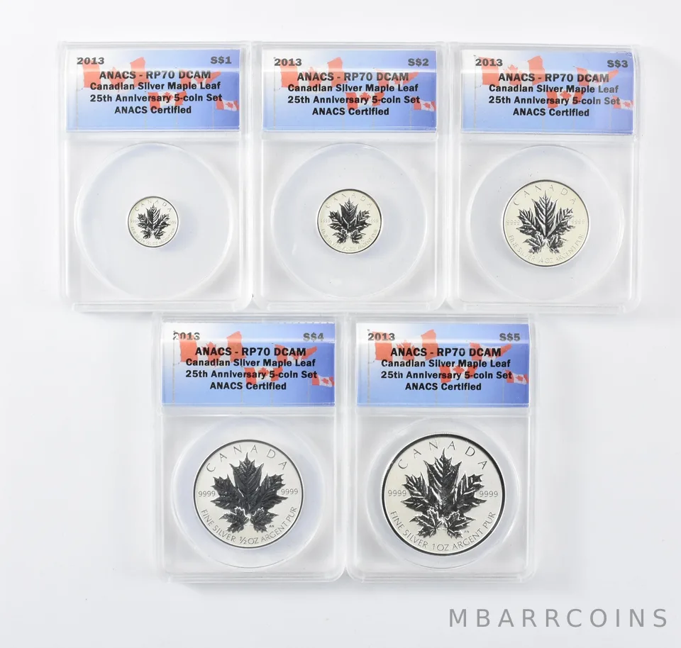 2013 Canada $1/2/3/4/5 Silver Maple Leaf 25th Anniv Set Reverse RP70 ANACS *2054