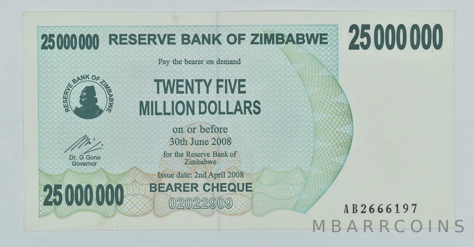 2008 Zimbabwe 25 Million Dollars Bearer Cheque