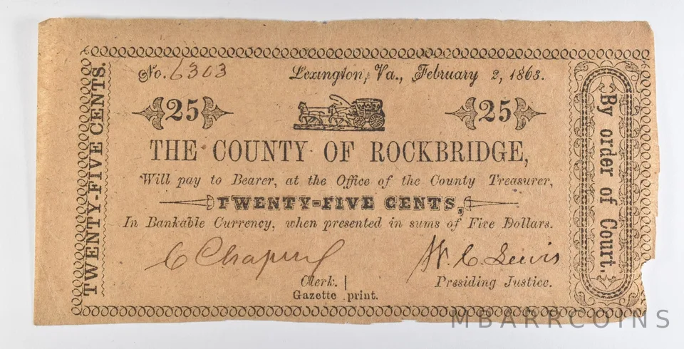 1863 25 Cents Lexington VA County Of Rockbridge Obsolete Note *8913